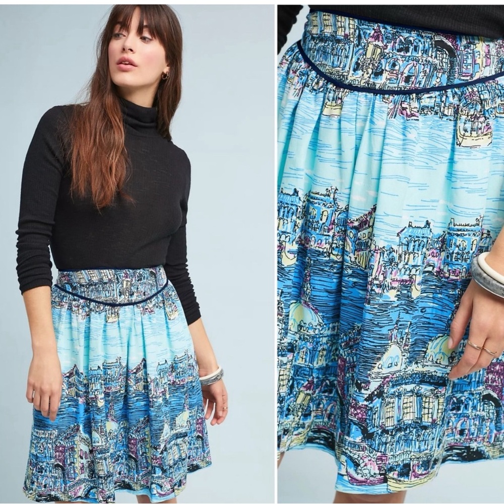 Anthropologie 36 of 52 conversations colloquial skirt Blue Pattern Linen - sz 2
